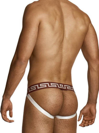 Man wearing white underwear with a red waistband on a white background