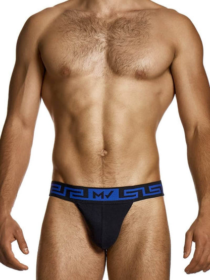 Man wearing black underwear with blue waistband on a white background