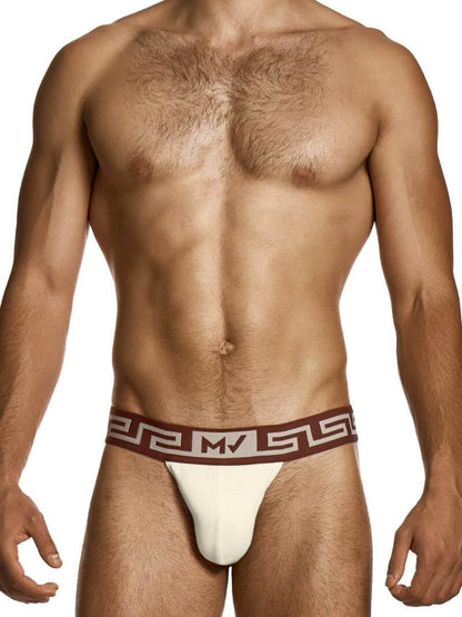 Man wearing a white thong with a brown waistband featuring a logo on a white background