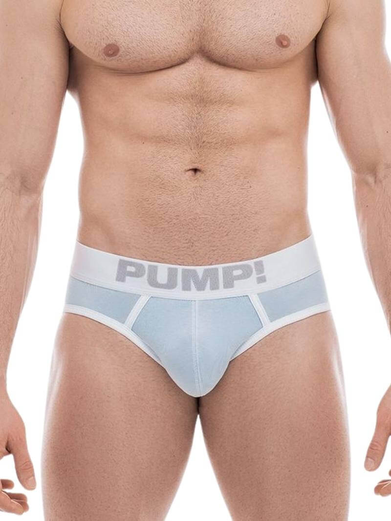 A model wearing a purple PUMP Underwear Milkshake Cotton Brief with white stitching and a contoured pouch.
