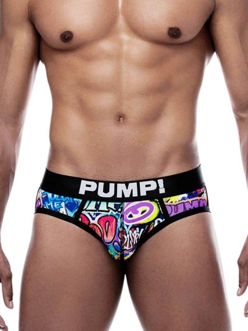 A model wearing a multicolored graffiti-print brief with a black elastic waistband featuring the PUMP! branding.