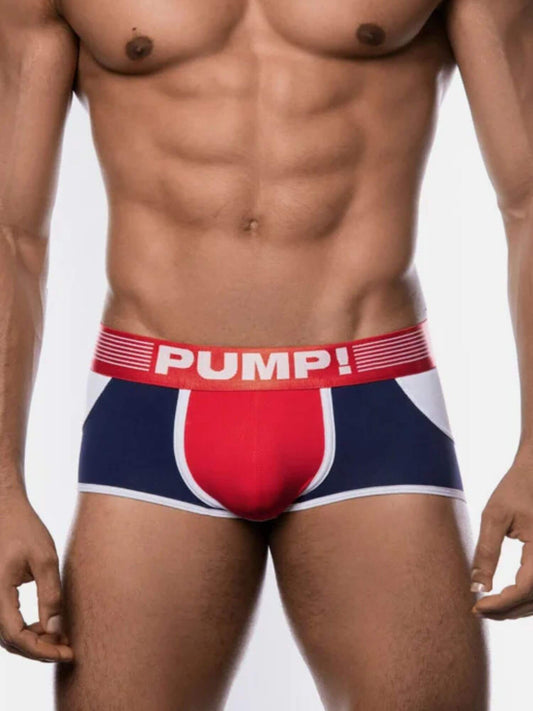 Mens underwear with 'PUMP!' brand on a plain background