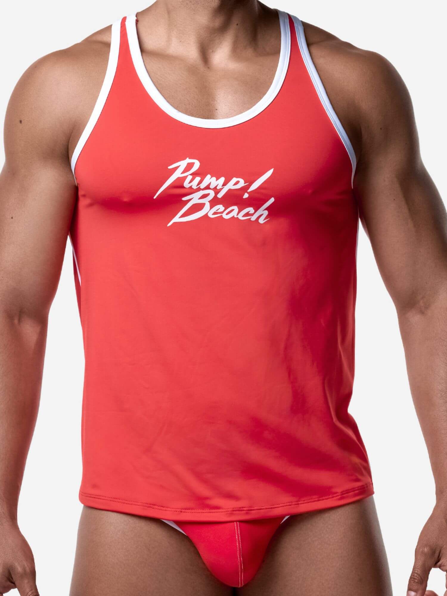 Red tank top with 'Pump! Beach' text on a white background