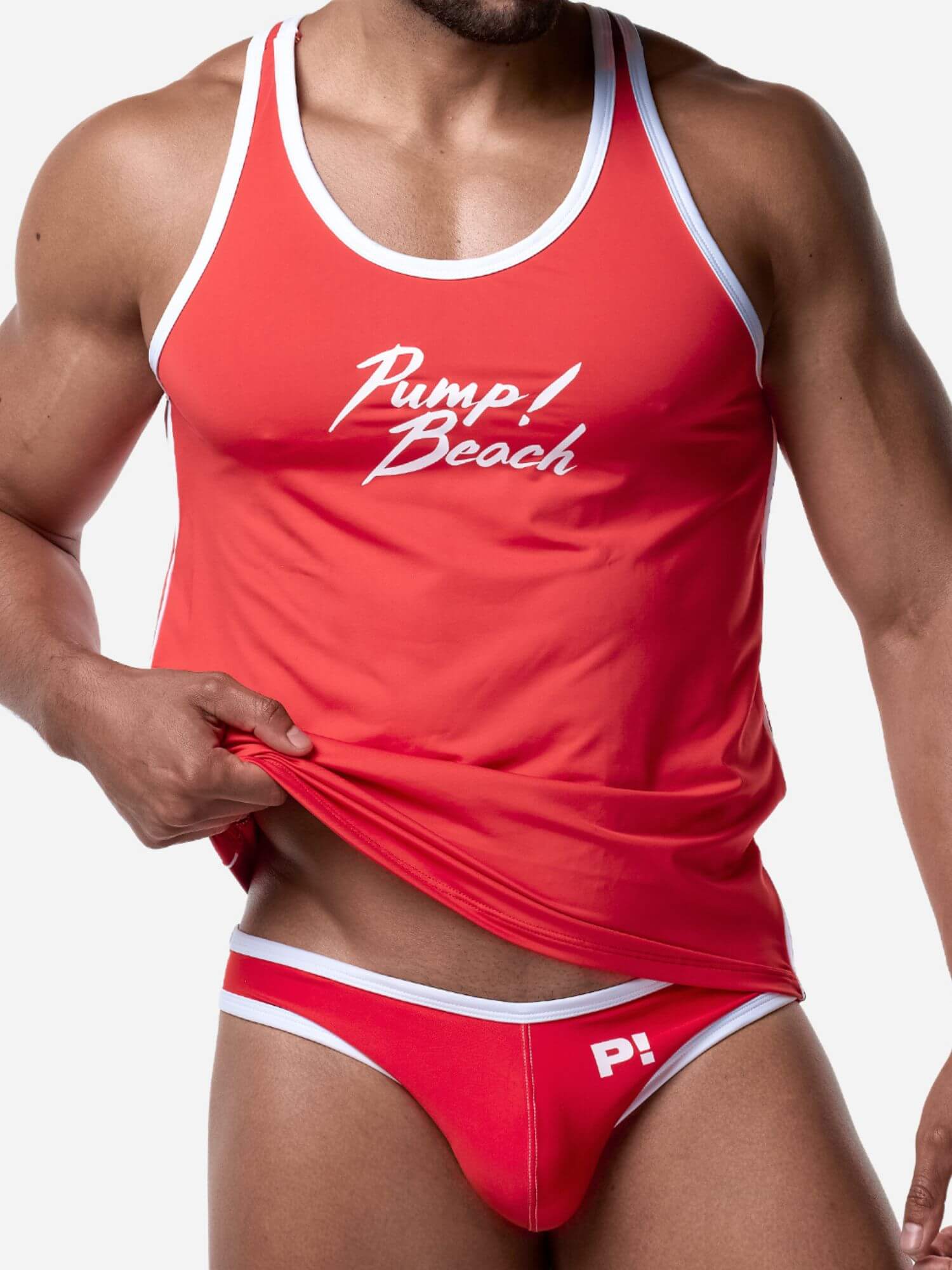 Red swimsuit with 'Pump! Beach' branding on a white background