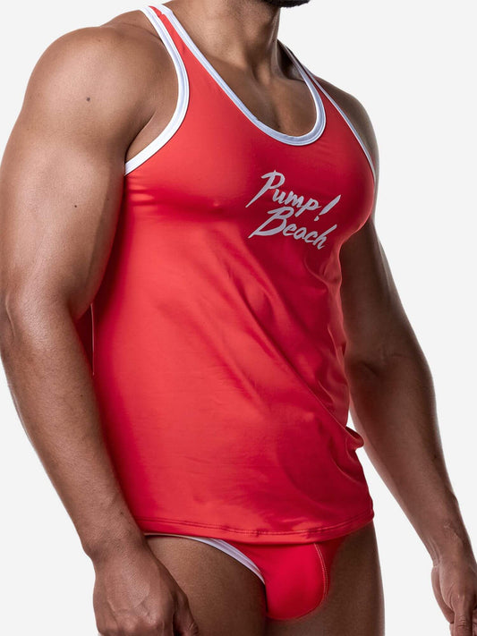 Red tank top with 'Pump Beach' text on a white background