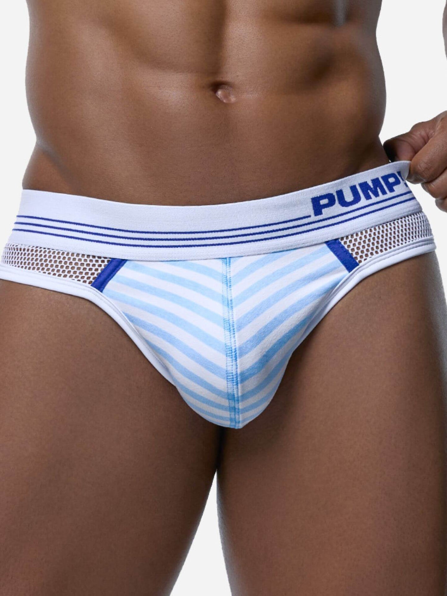 Blue and white striped men's underwear with 'Pump' branding on a plain background
