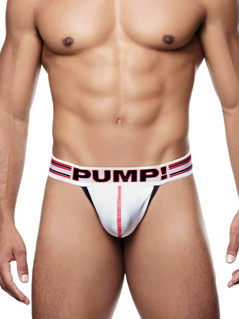 Man wearing a white men's underwear with 'PUMP!' waistband on a plain background