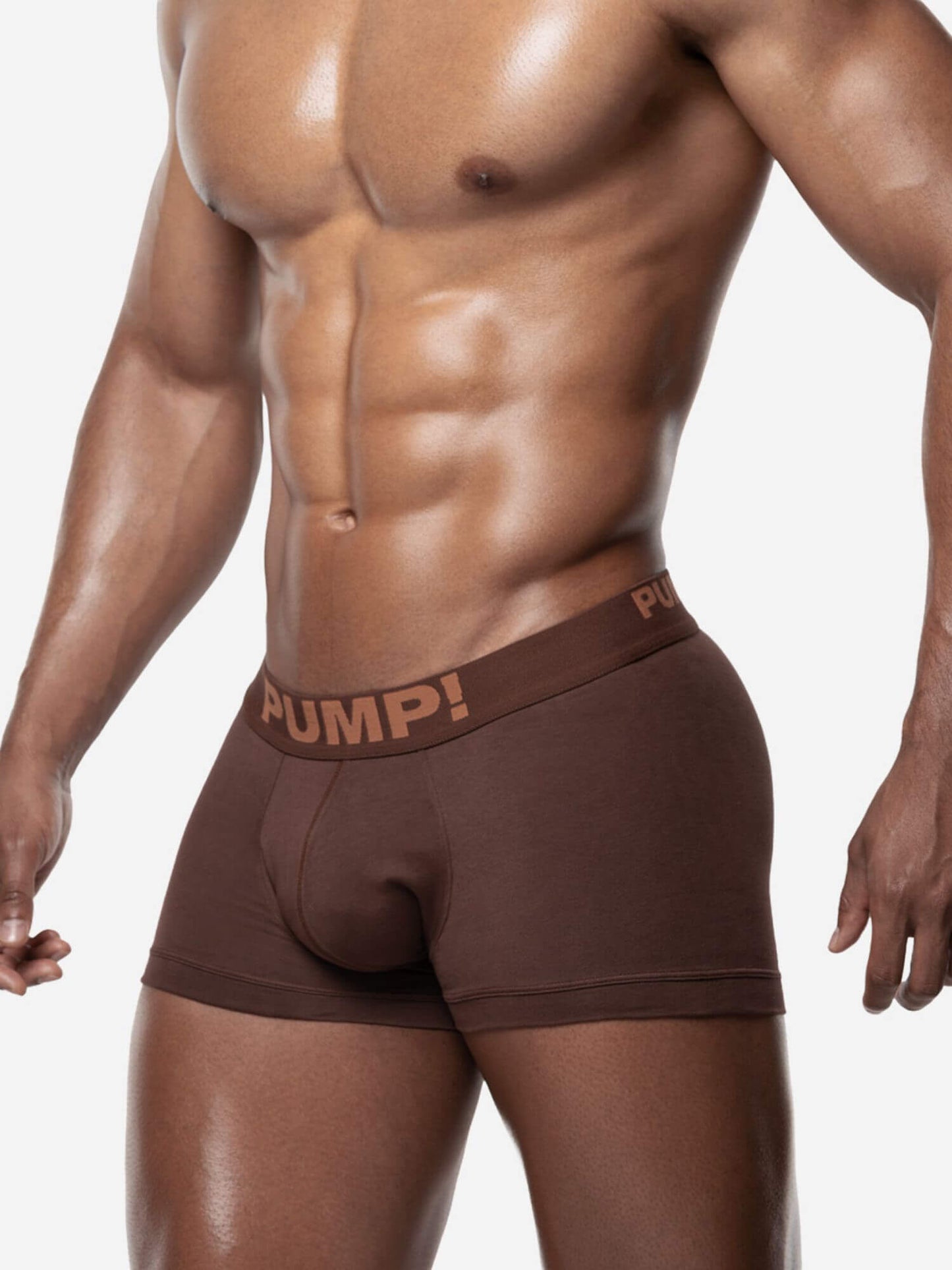 Man wearing brown boxer briefs with 'PUMP!' branding on a white background