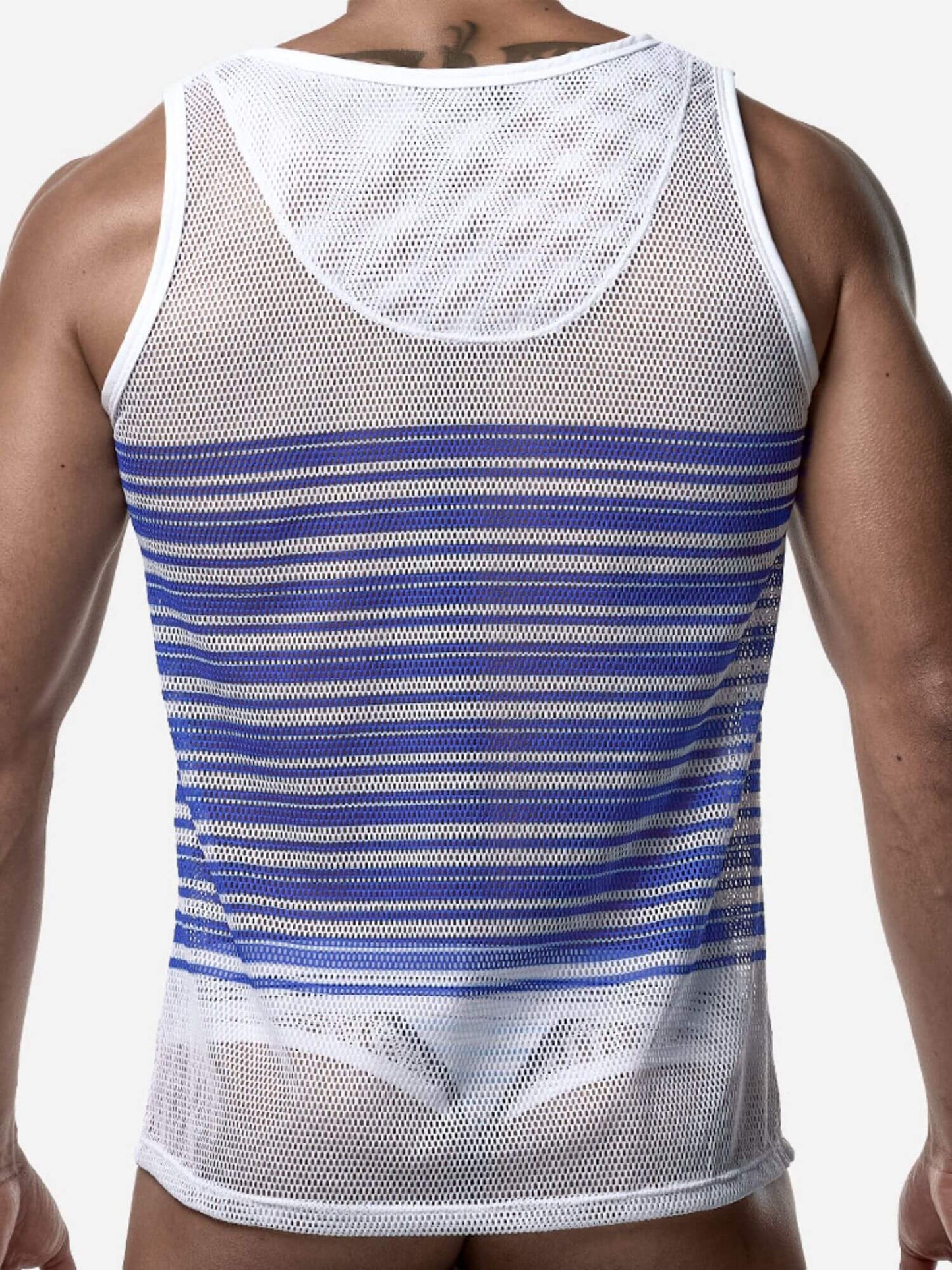 White tank top with blue stripes on a plain background