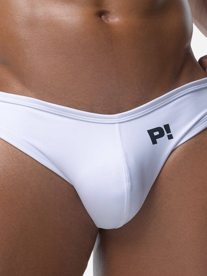 White men's bikini swim brief with a brand logo on a white background