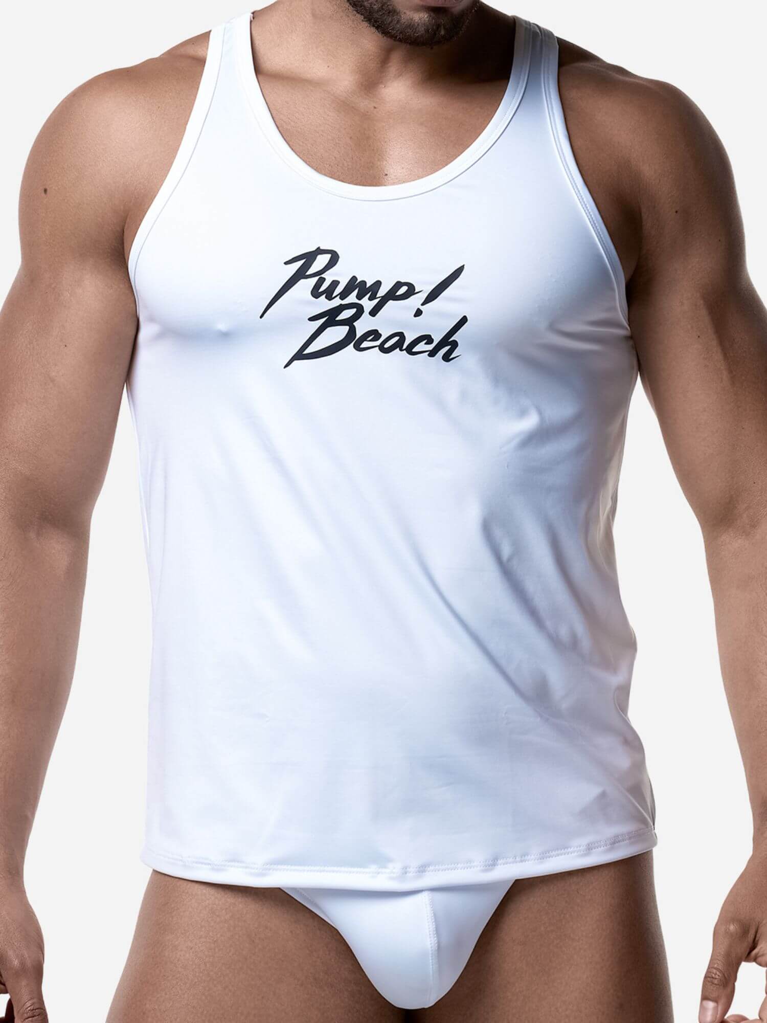 Person wearing a white tank top with 'Pump Beach' text on a plain background