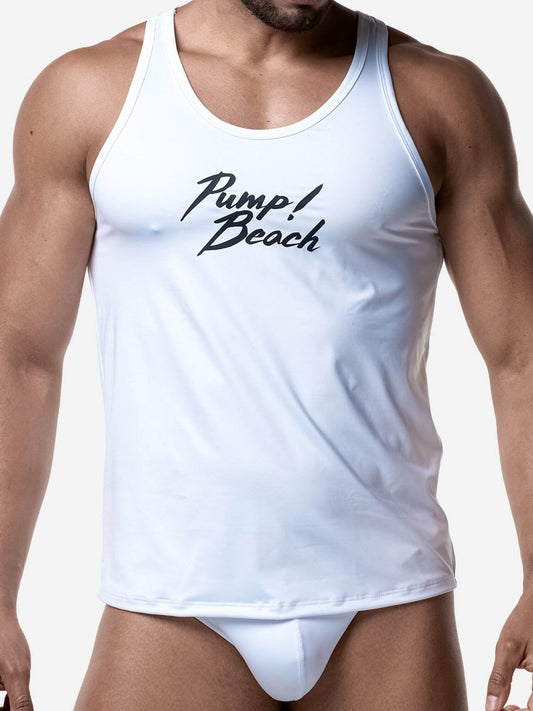 Person wearing a white tank top with 'Pump Beach' text on a plain background