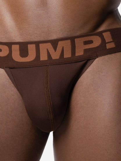 Brown men's underwear with 'PUMP!' waistband on a white background