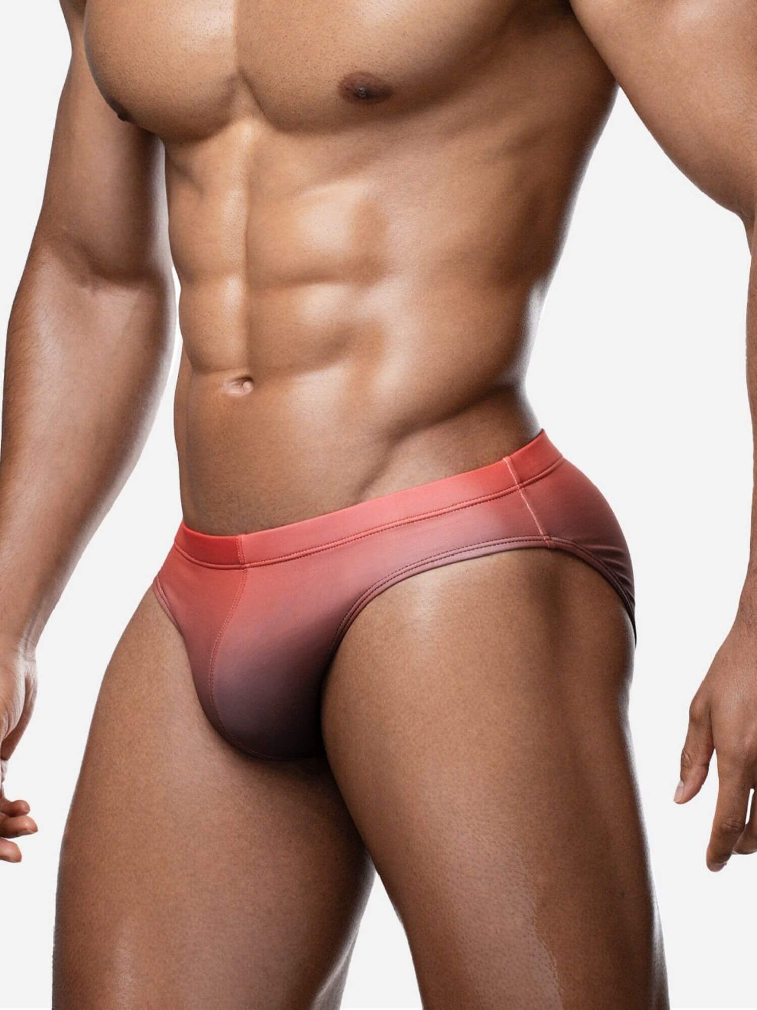 Person wearing a red swimsuit on a plain background