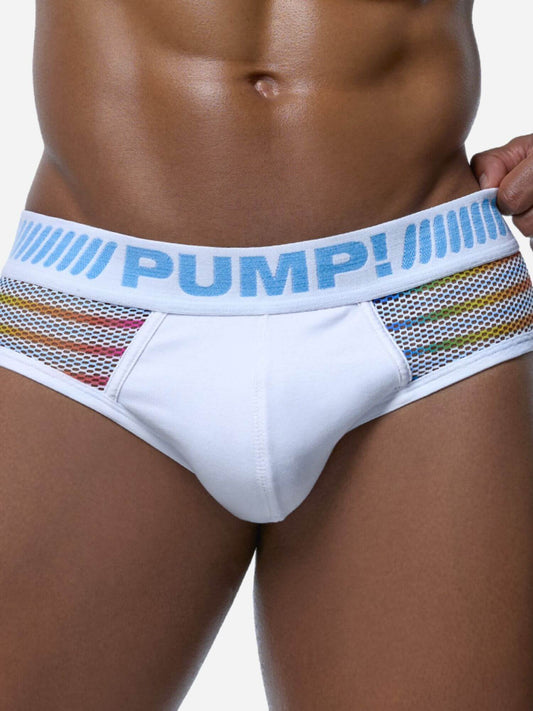 White men's underwear with colorful mesh sides and 'PUMP!' waistband on a white background