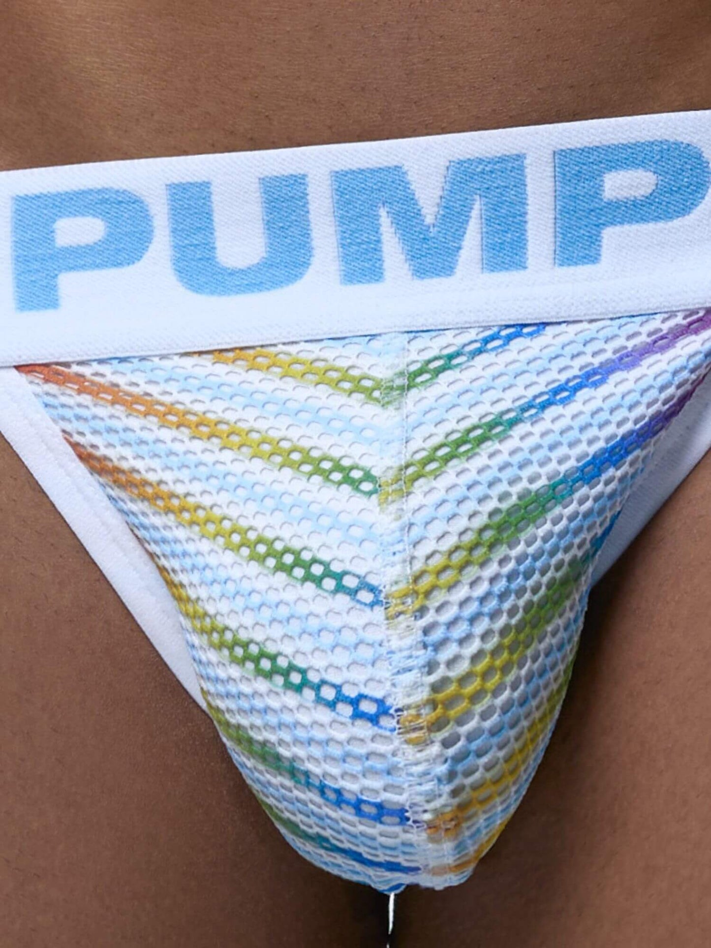 Mesh bag with 'PUMP' text on a brown background