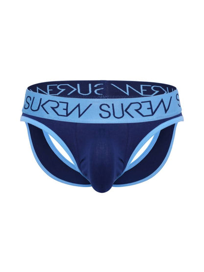 A blue and navy-colored SUKREW jock thong with a large pouch and signature waistband.