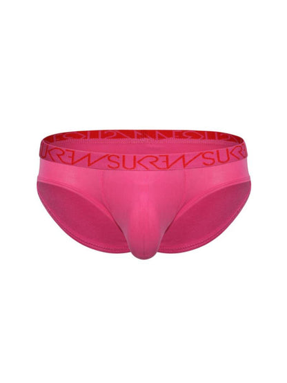 A low-rise bikini brief with a pink SUKREW branded waistband and a pink contour pouch.