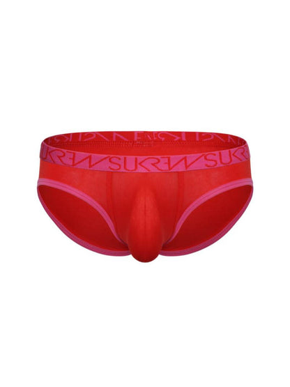 A low-rise bikini brief with a pink SUKREW branded waistband and a pink contour pouch.