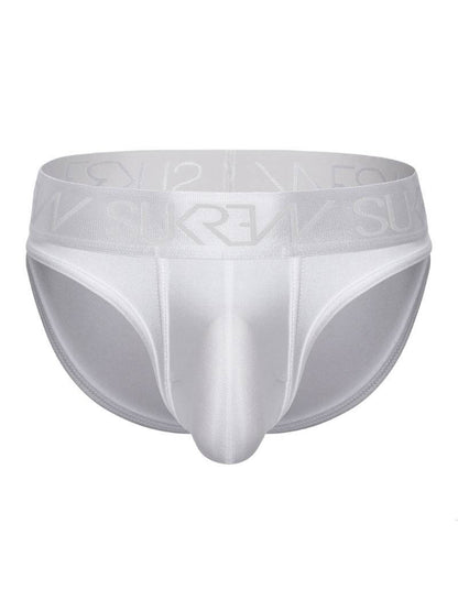 This image features the SUKREW Liberty Brief with a large pouch, showcased in a smooth white color. The design highlights a classic body shape with a distinctive shiny, smooth finish and matching waistband and trims.