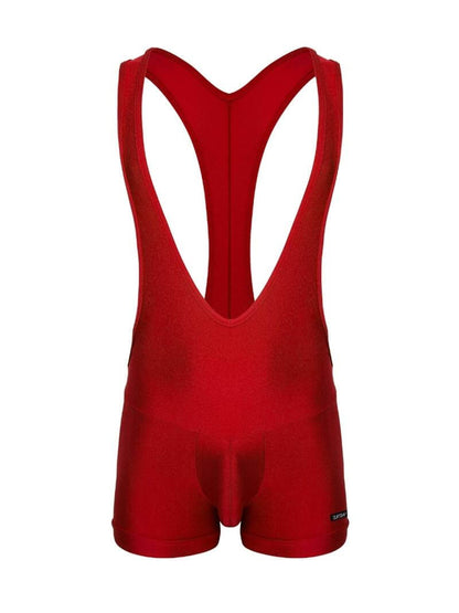 A blue singlet with a racerback design, featuring seams to contour and accentuate the bum, a low scoop neck, and deep armholes. The singlet has a shiny finish and SUKREW branding on the chest.