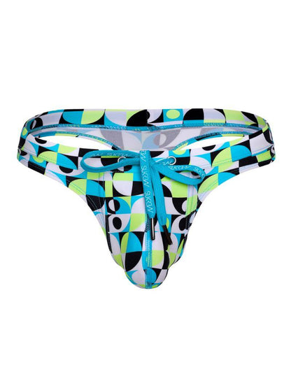 A multicolored geometric-patterned men's swimming thong with aqua drawstrings and white branding on the front.