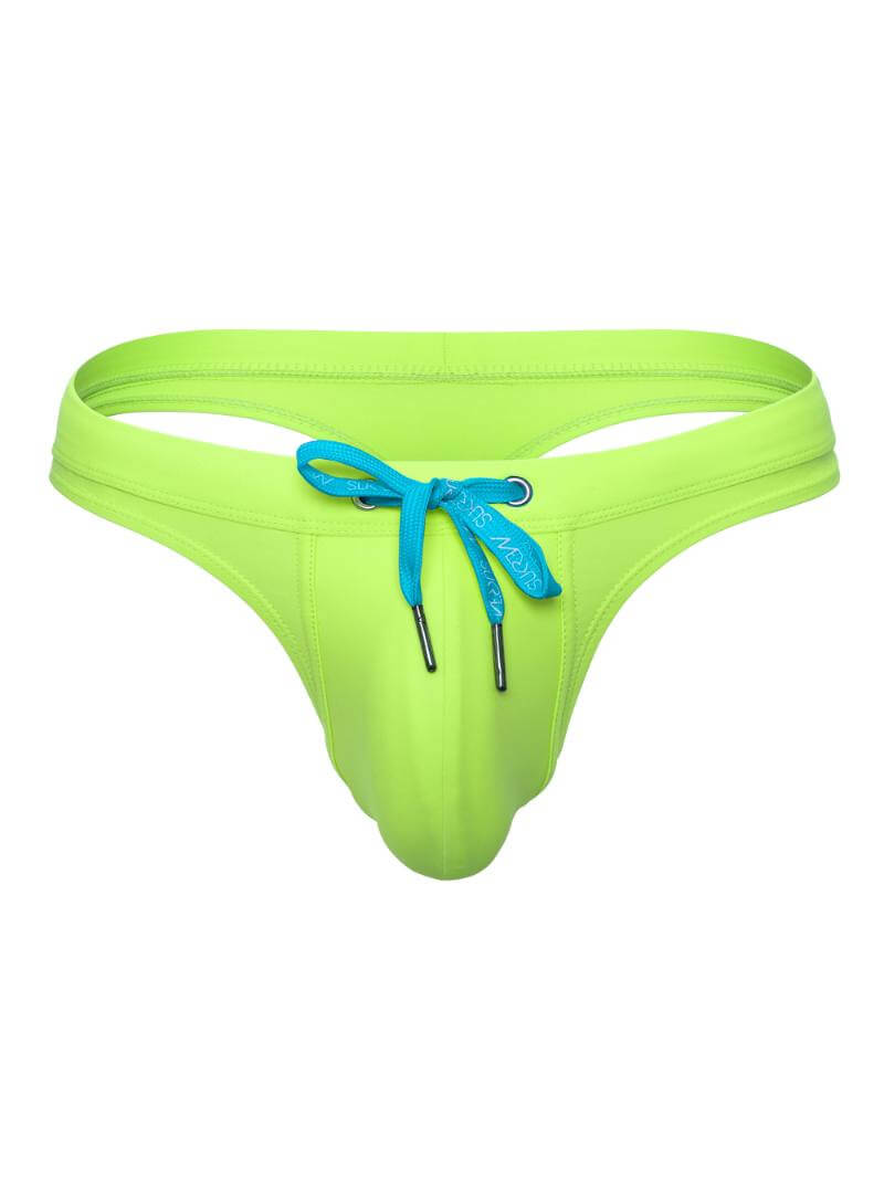 A zesty lime green swimming thong with blue drawstrings and white SUKREW branding.