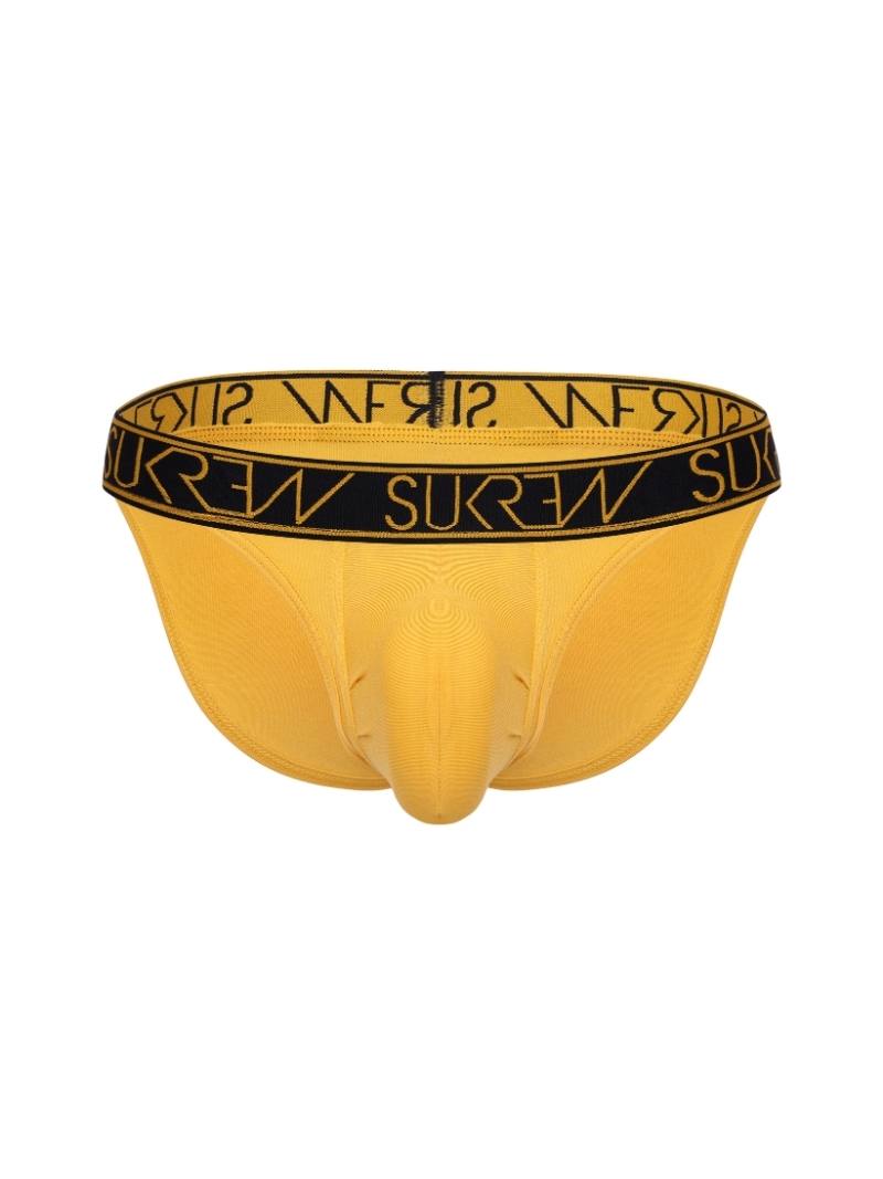 Yellow underwear with black branding on a white background