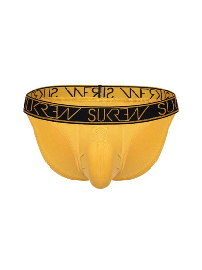 Yellow underwear with black branding on a white background