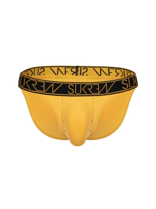 Yellow underwear with black branding on a white background