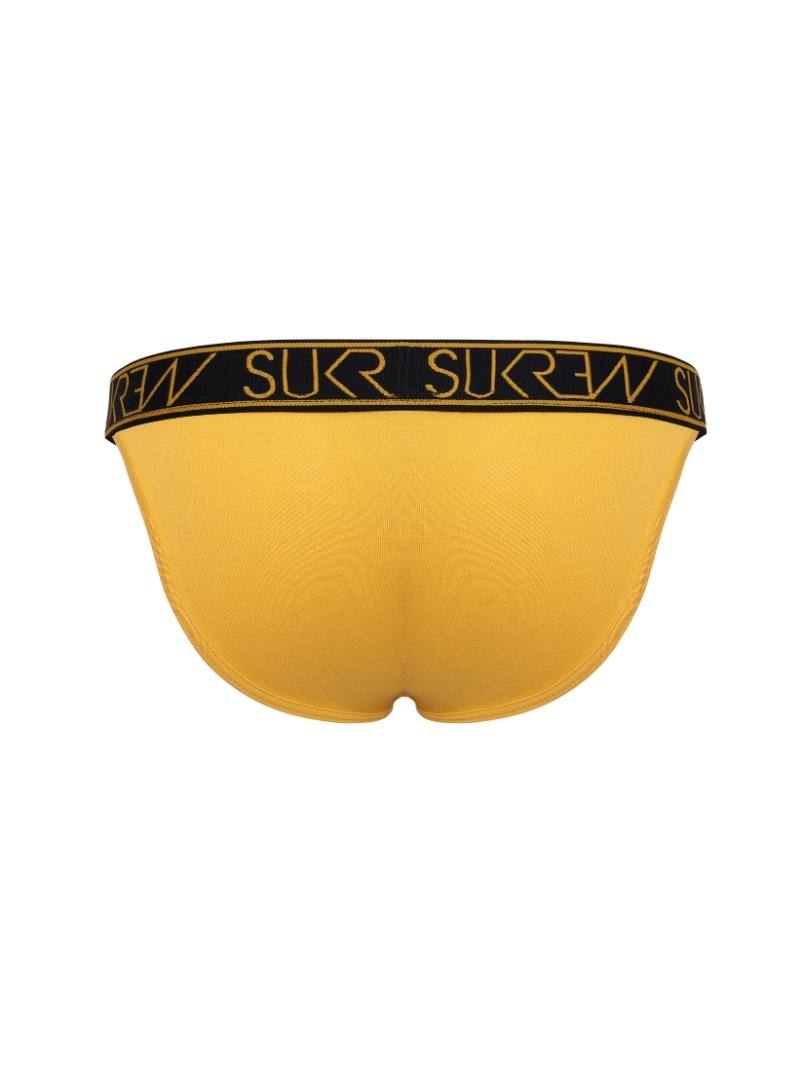 Yellow men's underwear with black logo waistband on a white background