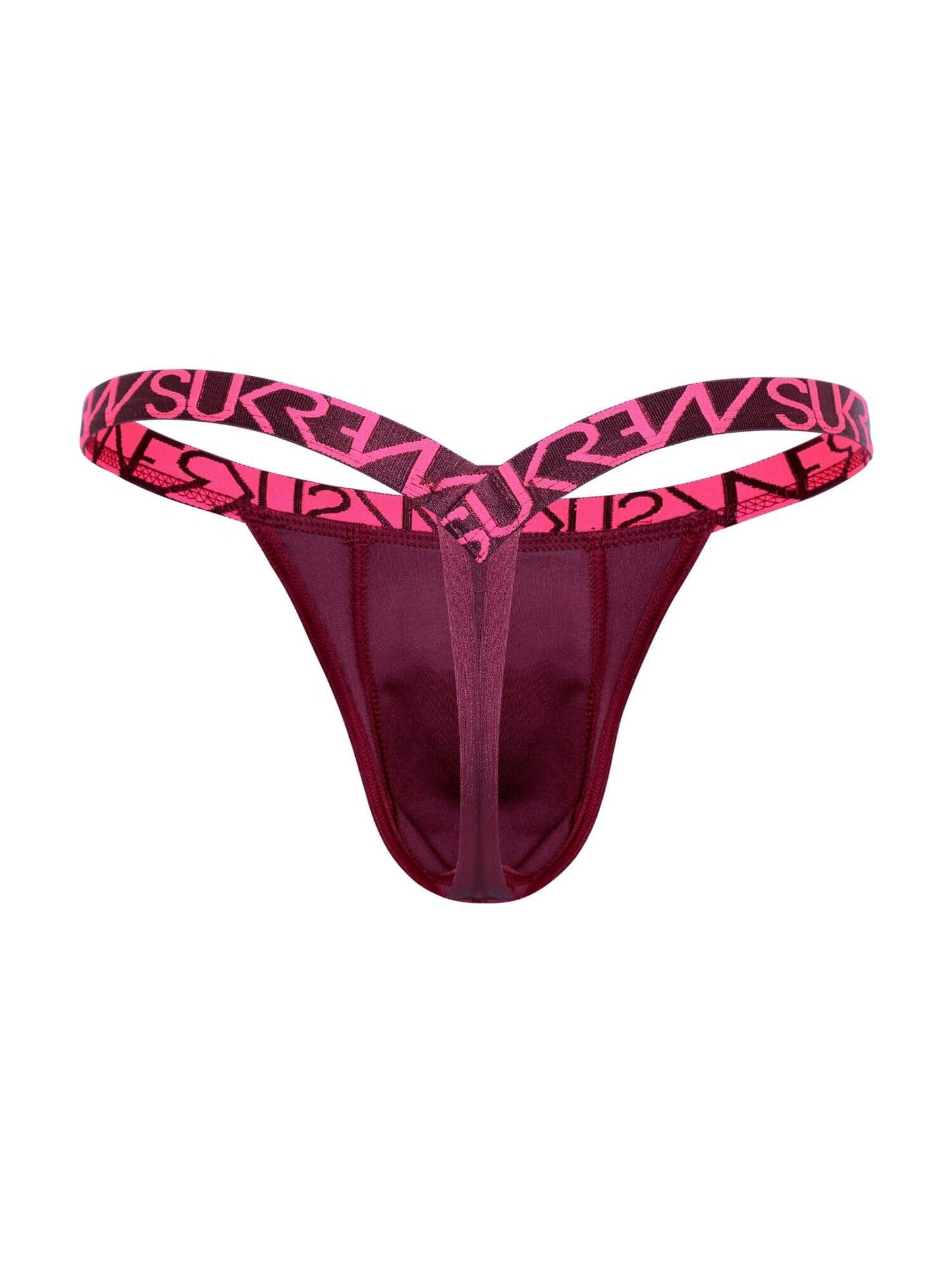 Red men's underwear with pink and black patterned waistband on a white background
