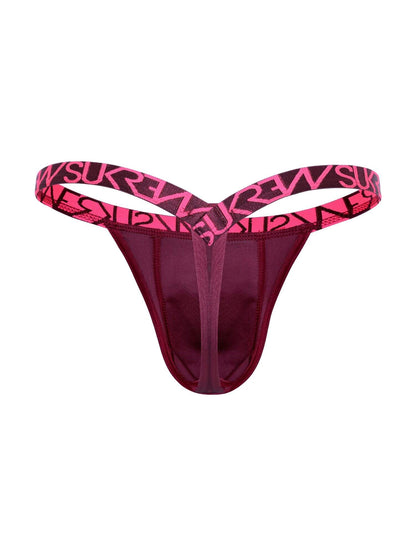 Red men's underwear with pink and black patterned waistband on a white background