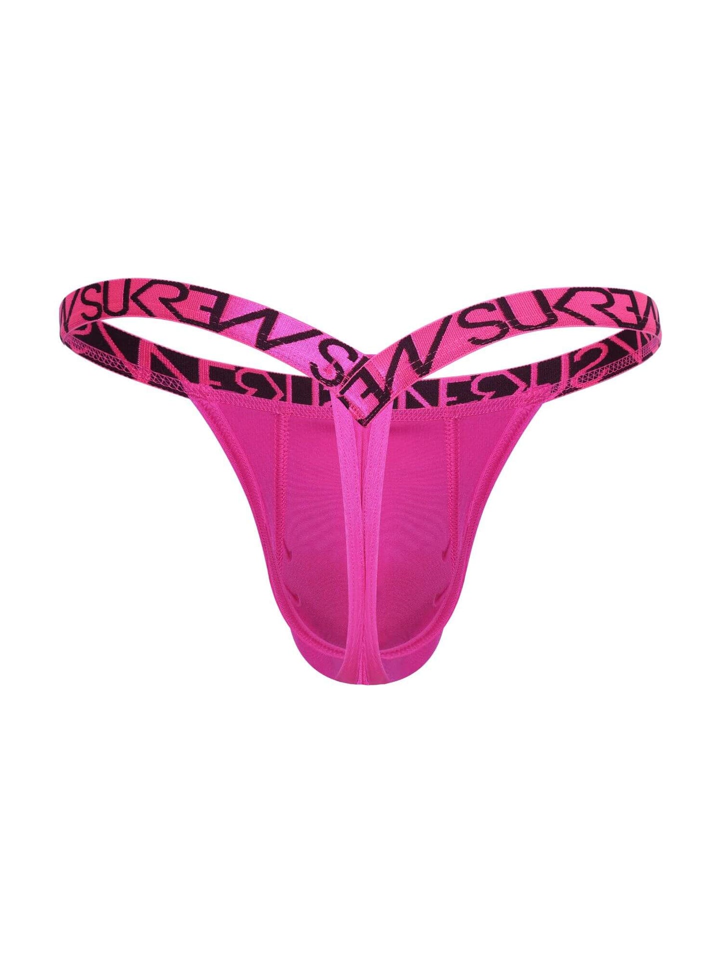 Pink men's underwear with black logo straps on a white background