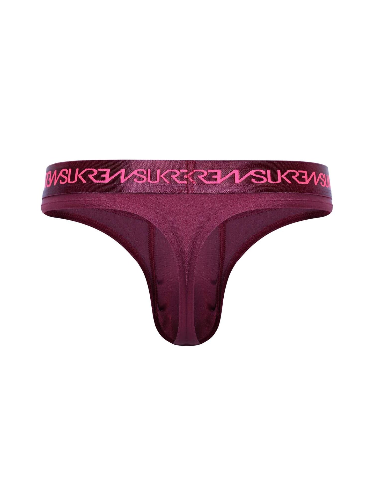 Maroon men's underwear with pink logo on a white background