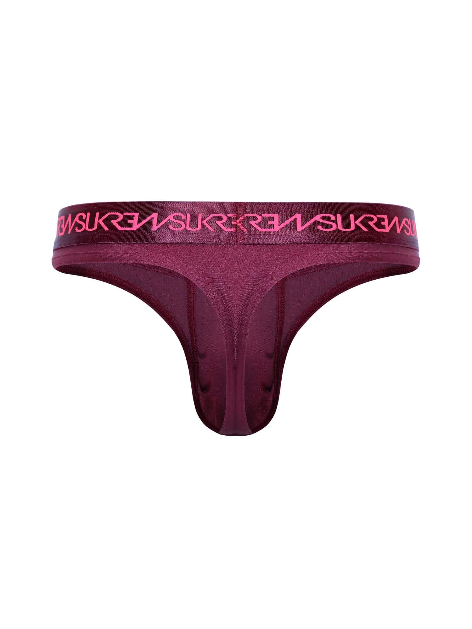 Maroon men's underwear with pink logo on a white background