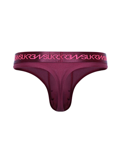 Maroon men's underwear with pink logo on a white background