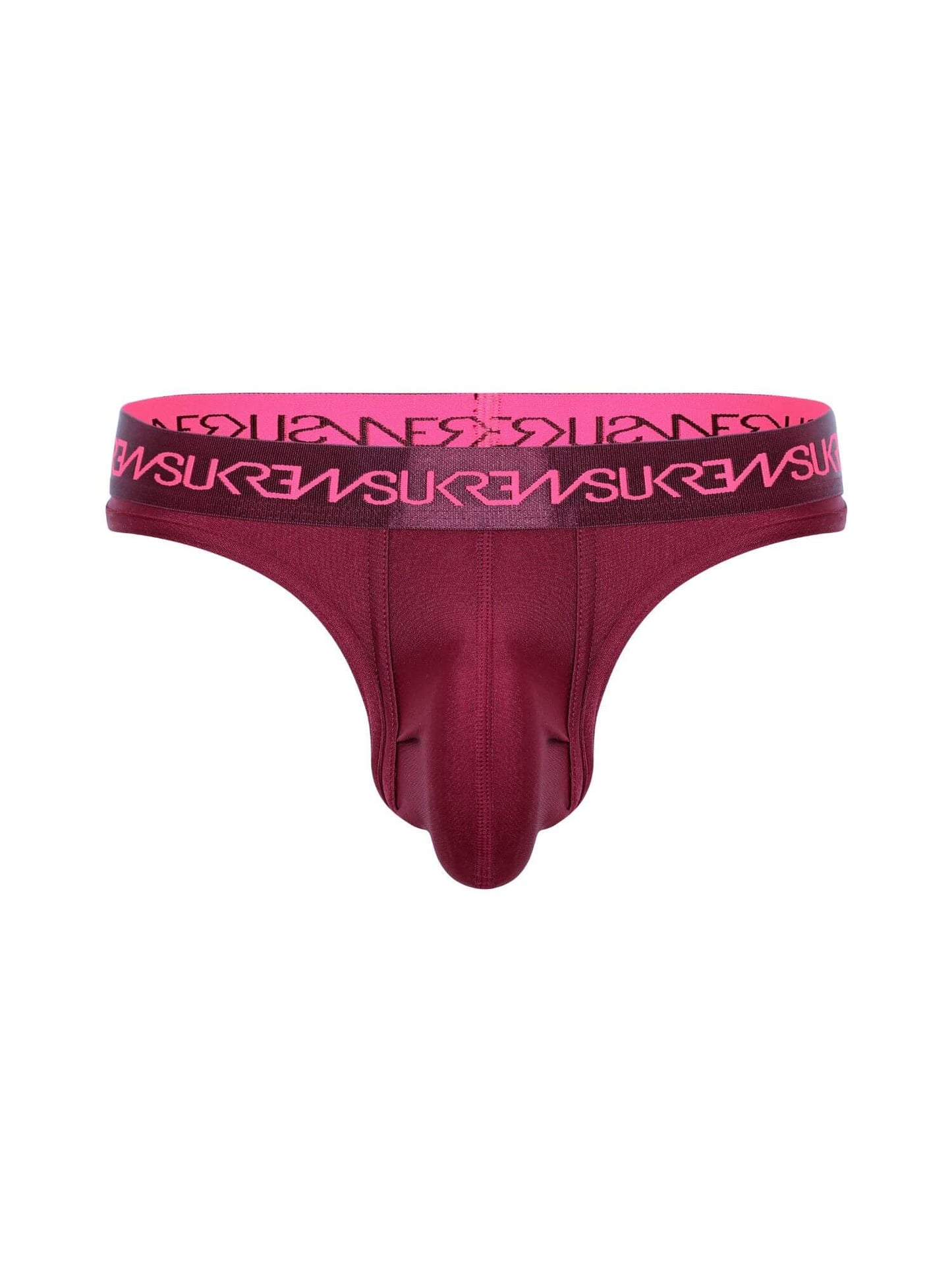 Maroon thong with pink waistband on a white background