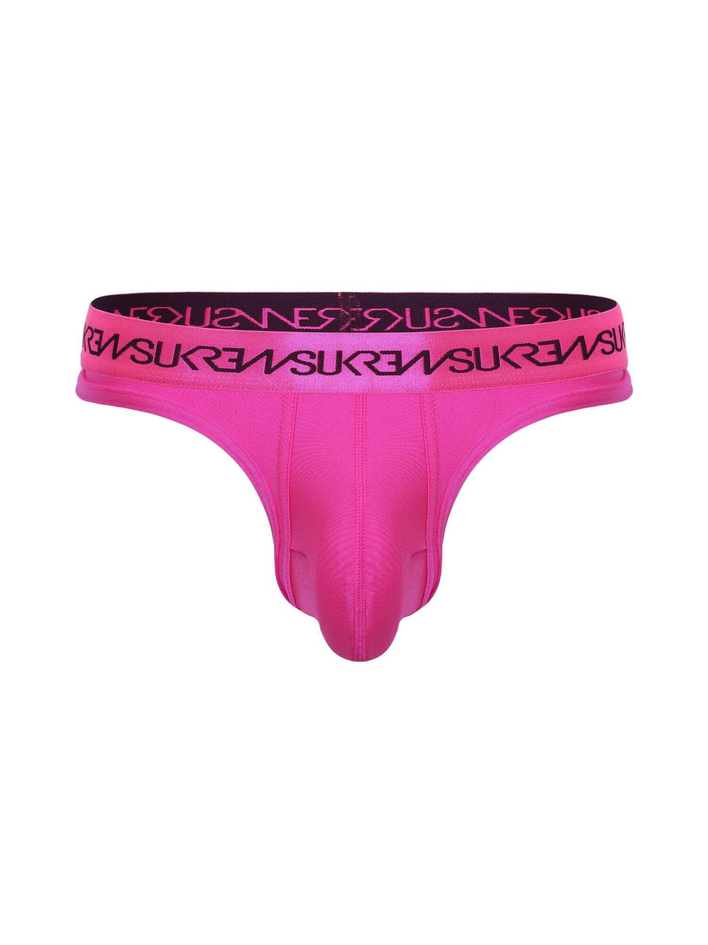 Pink thong with black waistband on a white background