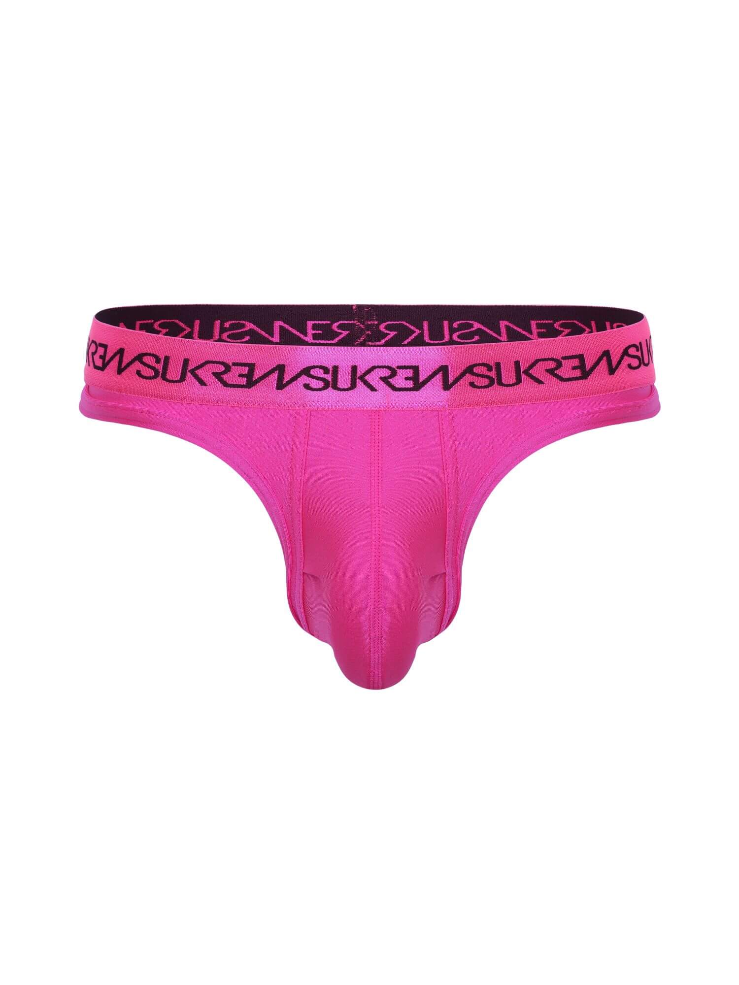 Pink thong with black waistband on a white background