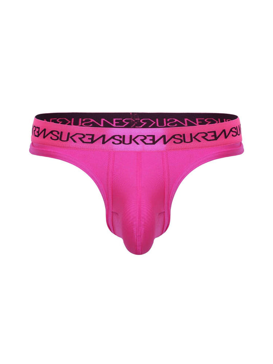 Pink thong with black waistband on a white background