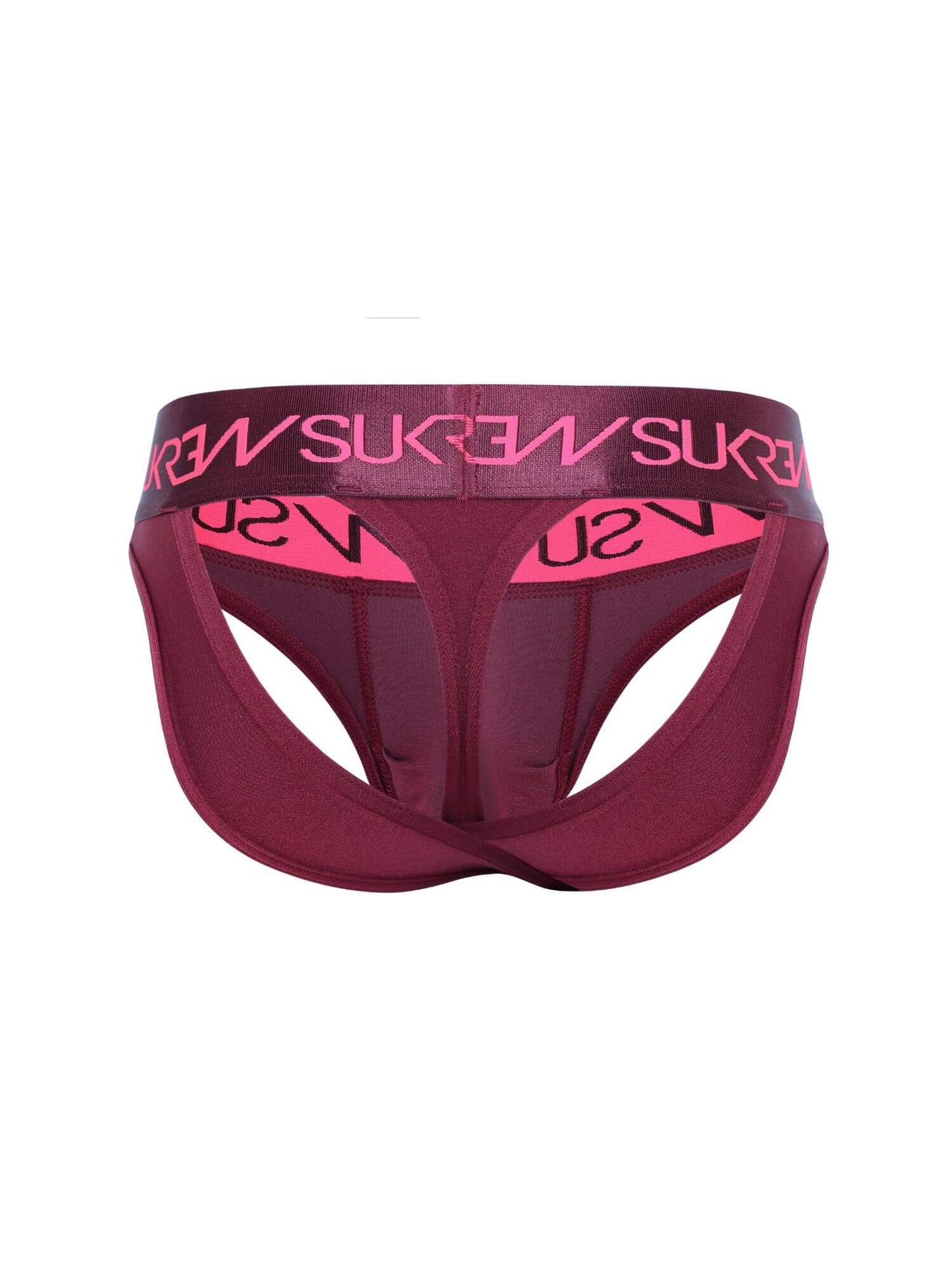 Maroon men's underwear with pink logo on a white background