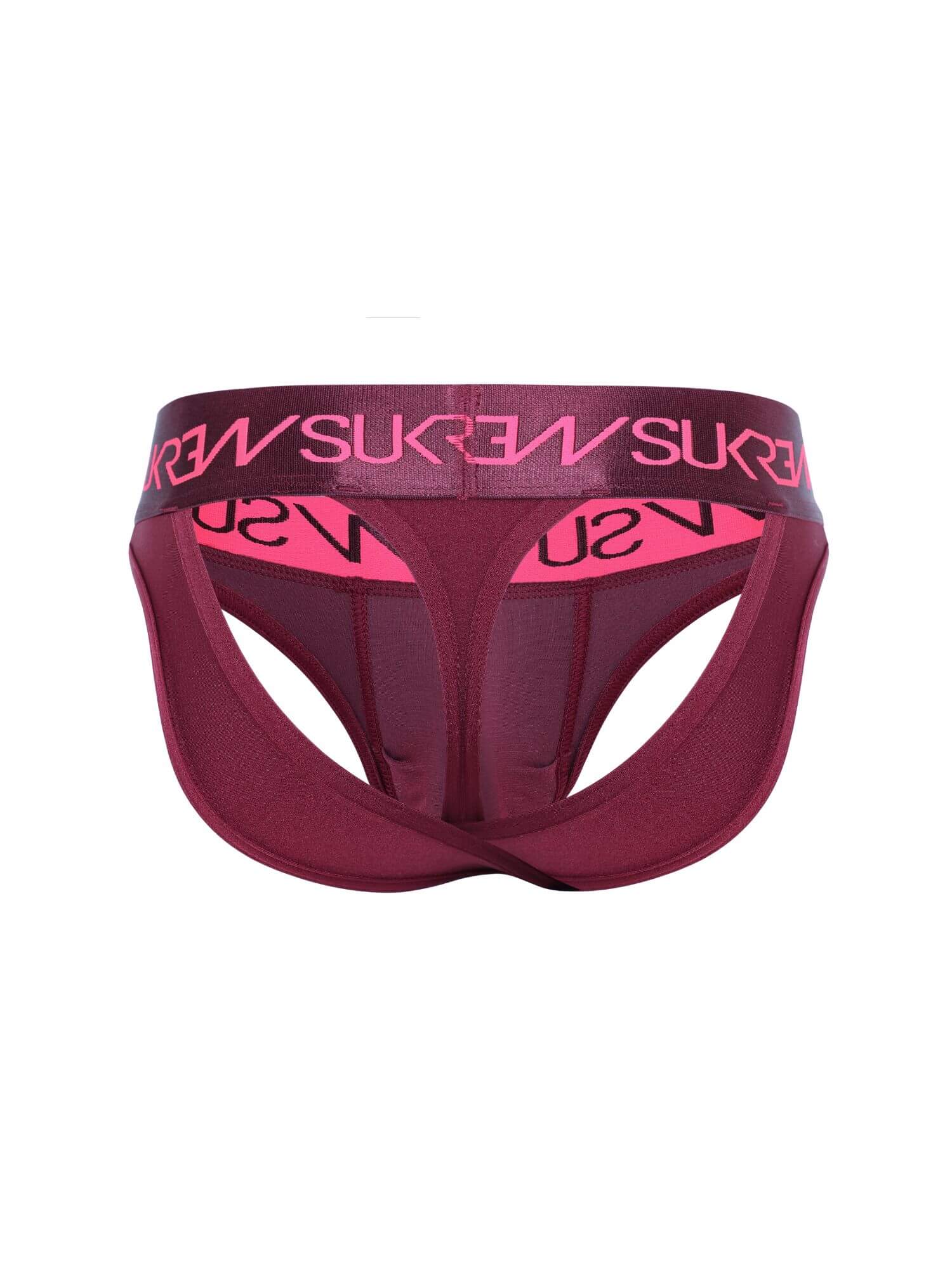 Maroon men's underwear with pink logo on a white background