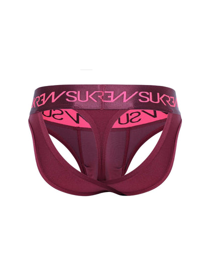 Maroon men's underwear with pink logo on a white background