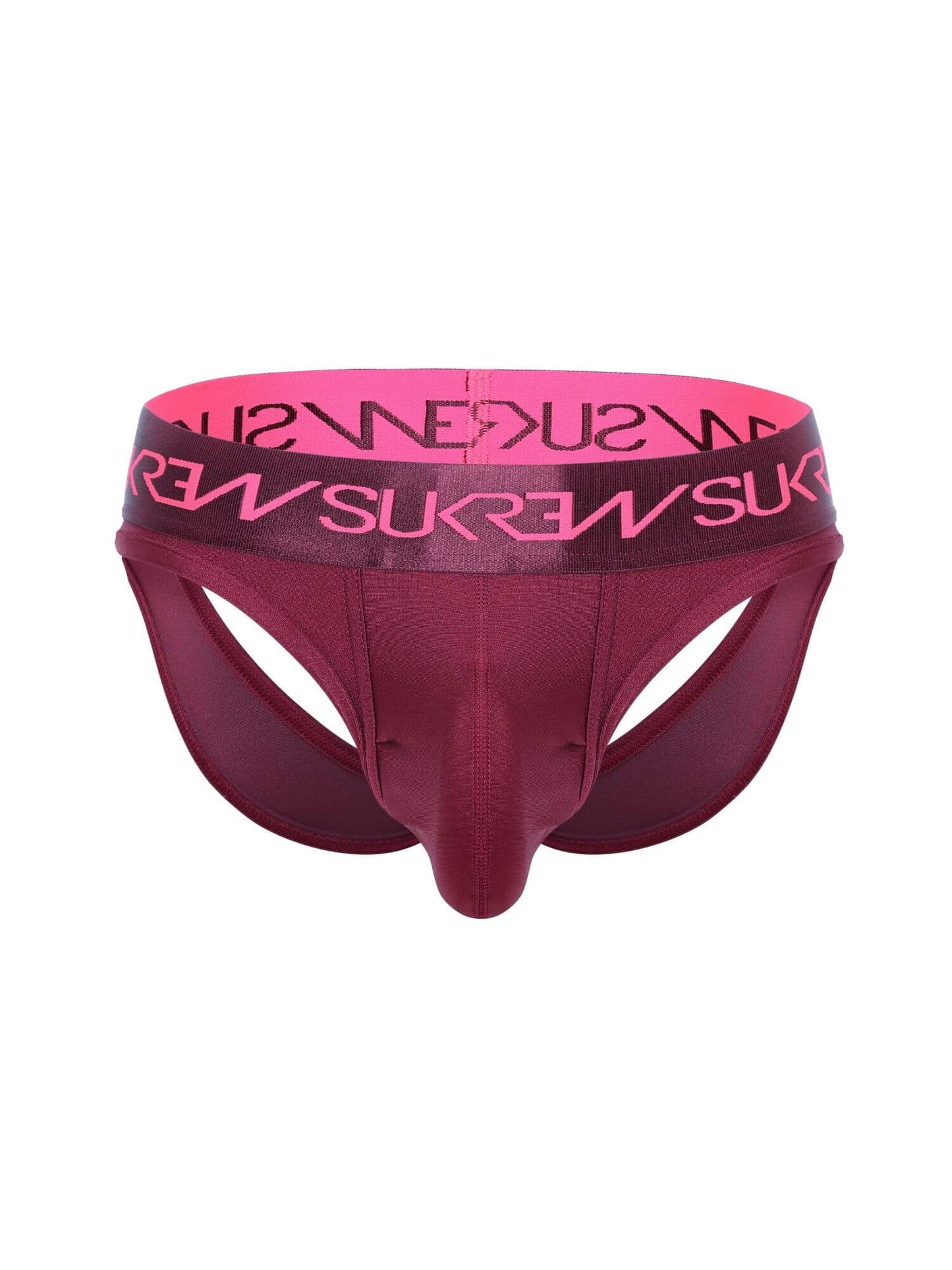 Red men's  SUKREW underwear with pink band featuring 'SUkrew' branding on a white background