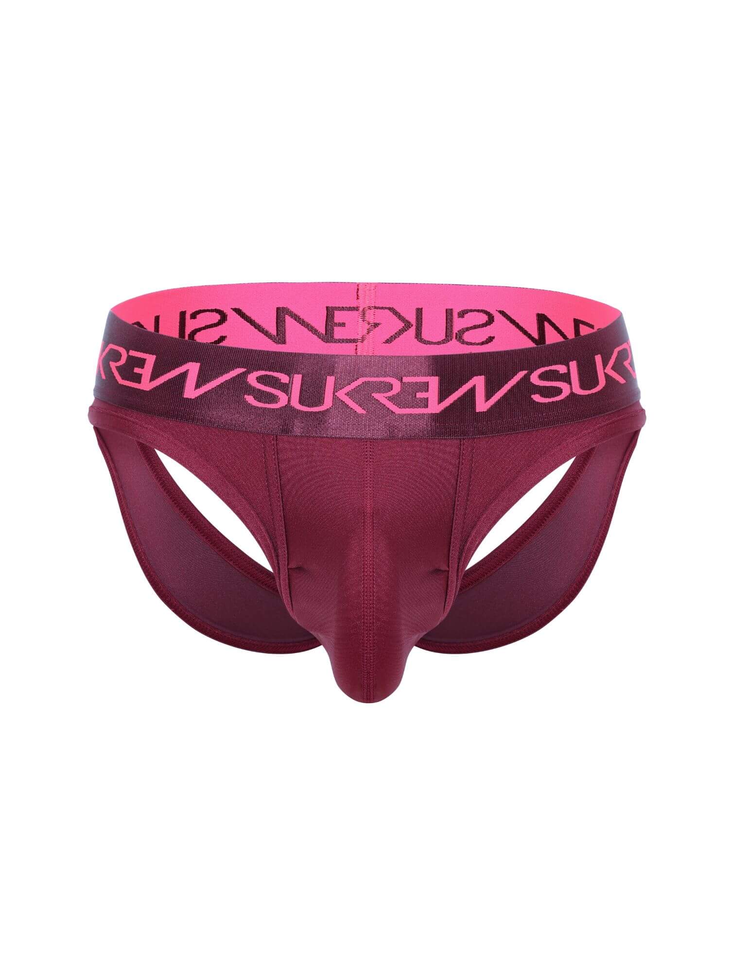 Red men's  SUKREW underwear with pink band featuring 'SUkrew' branding on a white background