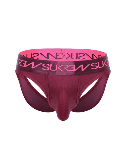 Red men's  SUKREW underwear with pink band featuring 'SUkrew' branding on a white background