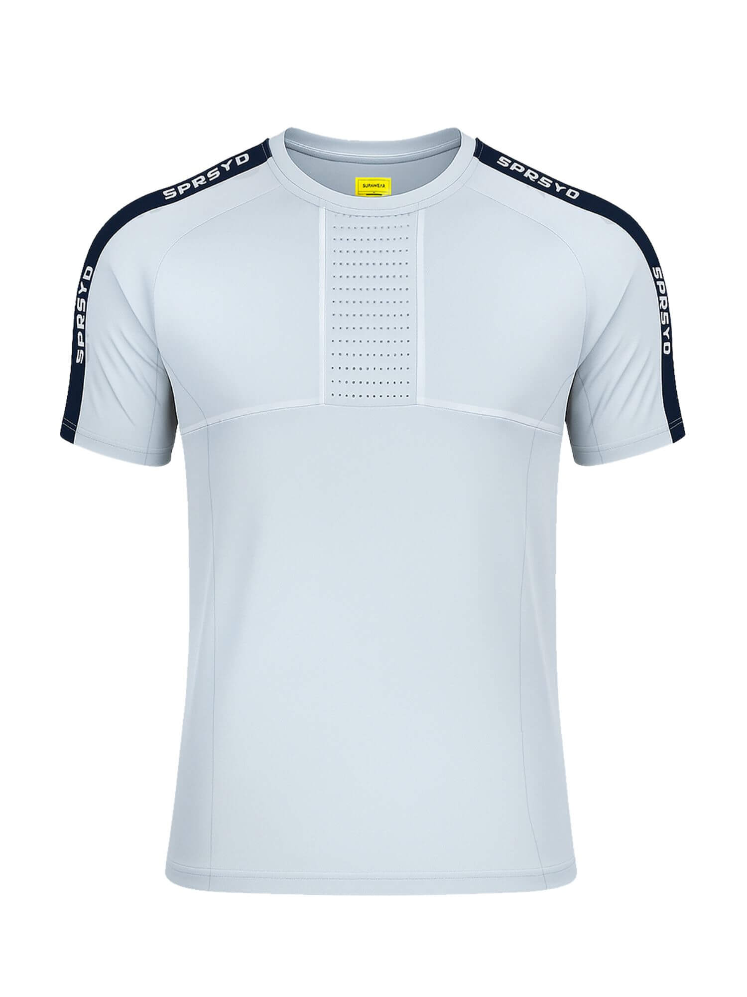 White t-shirt with black sleeves and branding on a white background