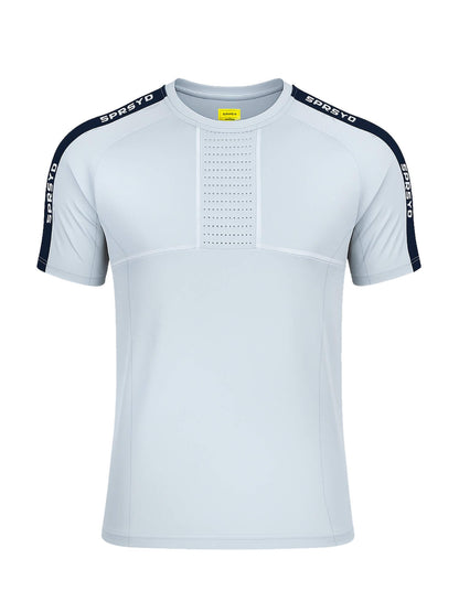 White t-shirt with black sleeves and branding on a white background