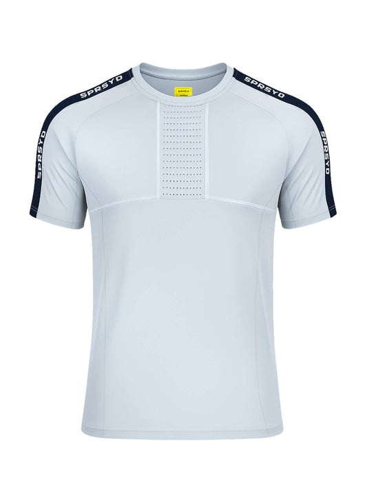White t-shirt with black sleeves and branding on a white background